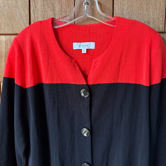 Misook exclusively Red White & Black Colorblock Button Front Cardigan in 1X - Picture 4 of 7